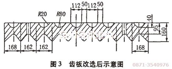 碎石機(jī)專家改造后的破石機(jī)齒板示意圖